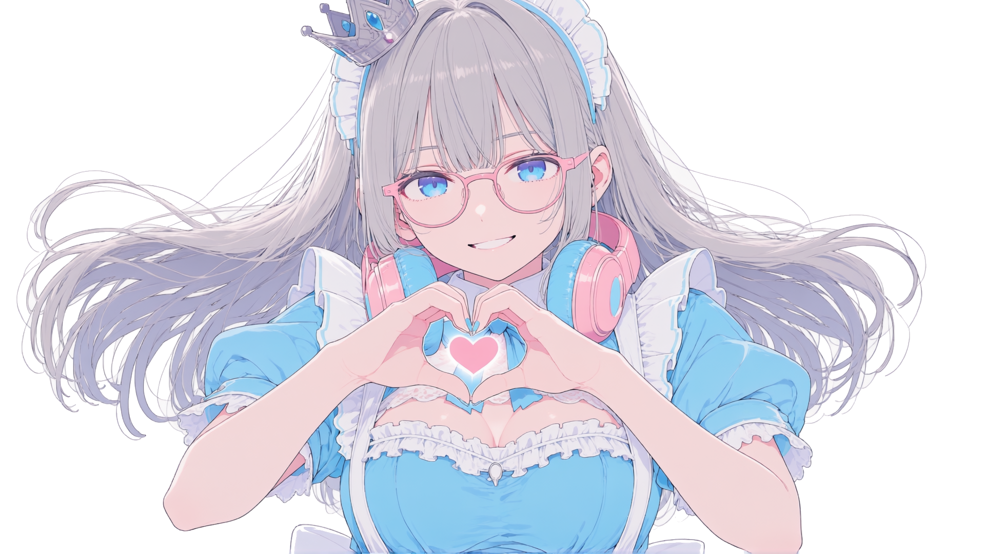 銀髪にピンクの眼鏡、青い衣装のキャラクターが両手でハートを作っているPROMPICKSのメインビジュアル